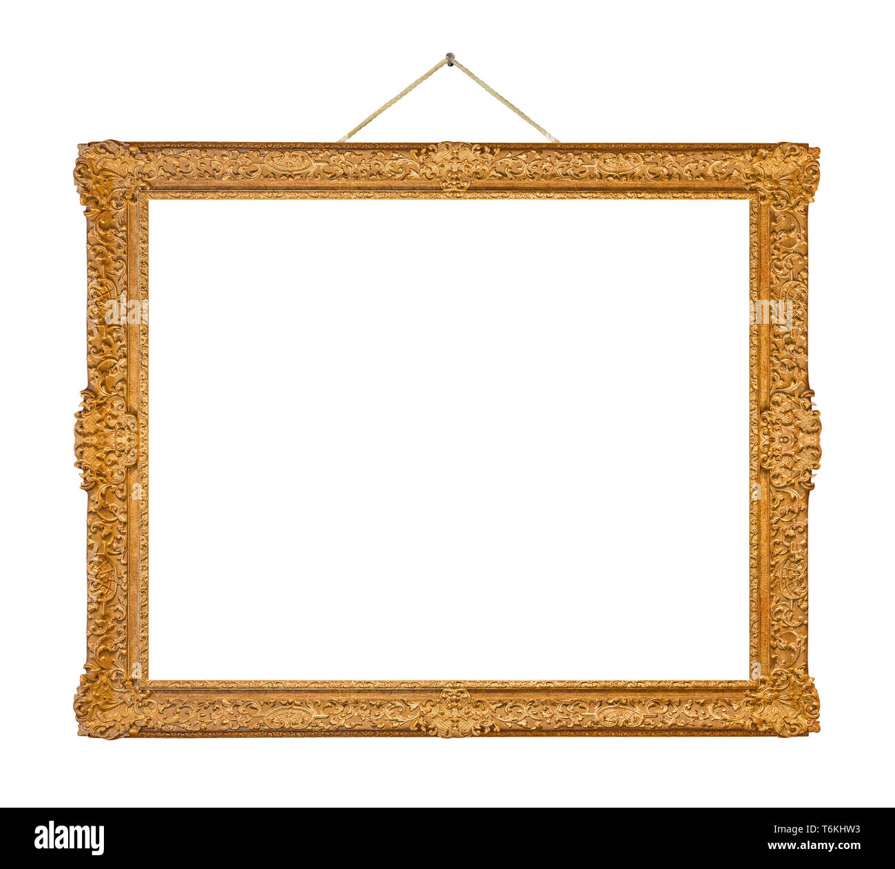 Old wooden picture frame hanging on a rope Stock Photo Alamy