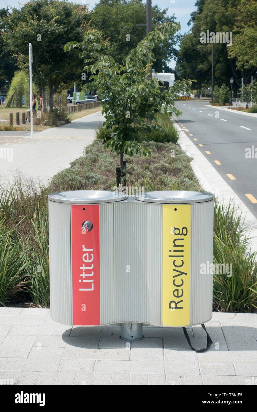 Colourful recycling and rubbish bins on the streets of Christchurch
