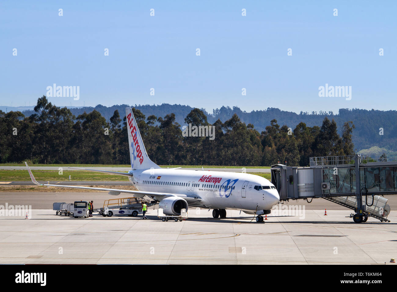 Santiago de Compostela, Spain. April 28 2019: Air Europa plane waiting for passengers at Santiago de Compostela Airport Stock Photo