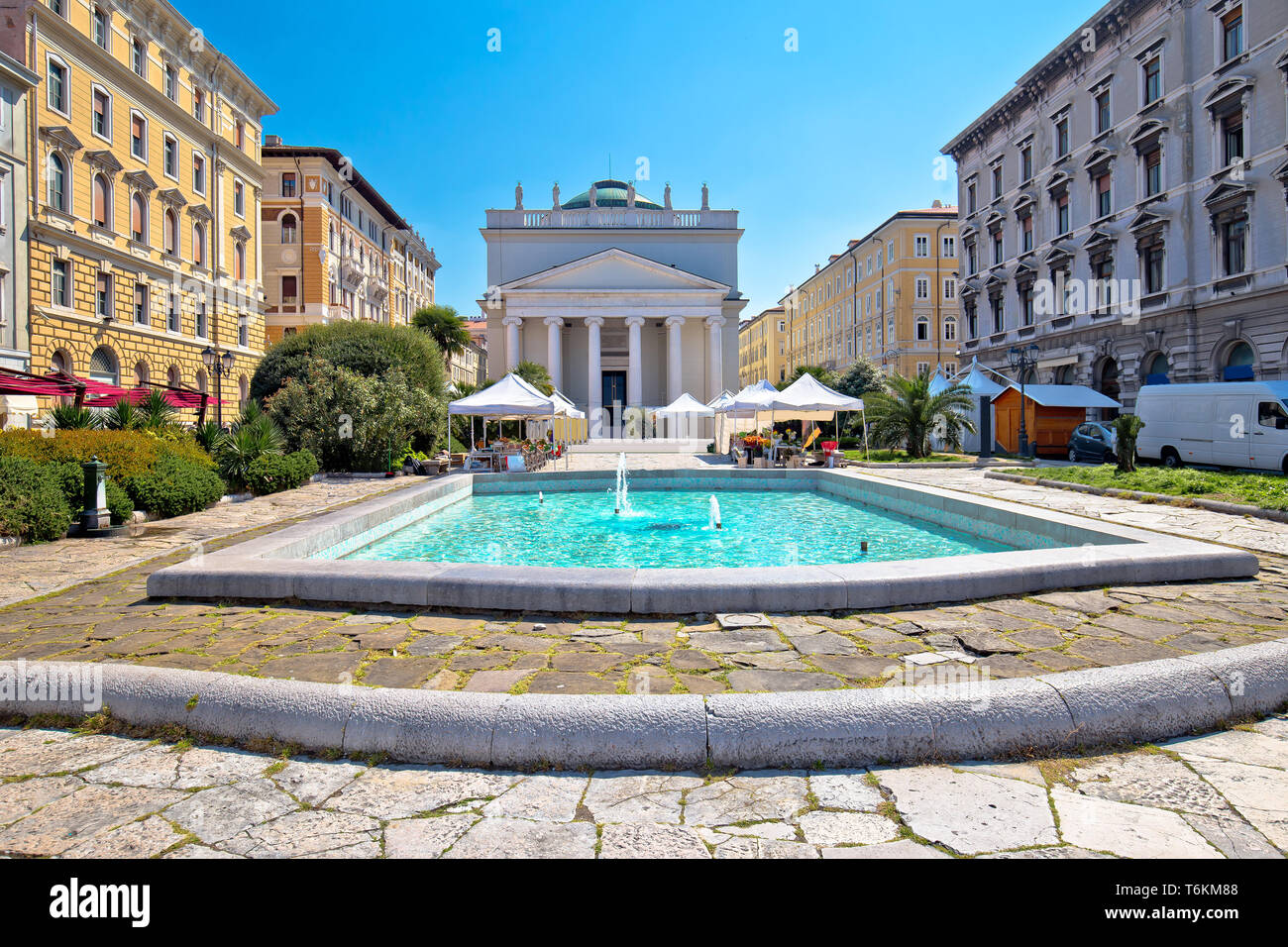 Trieste Piazza Sant Antonio Nuovo fountain and church colorful view, Friuli Venezia Giulia region of Italy Stock Photo