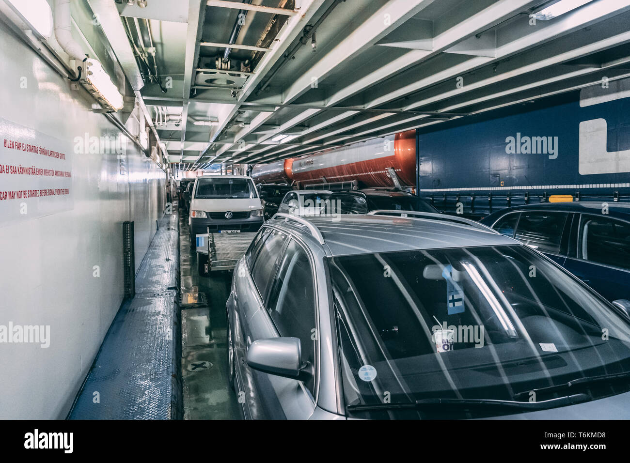 Editorial 03.29.2019 Stockholm Sweden. Car deck of MS Silja Symphony with cars and trucks heading to Helsinki Finland Stock Photo