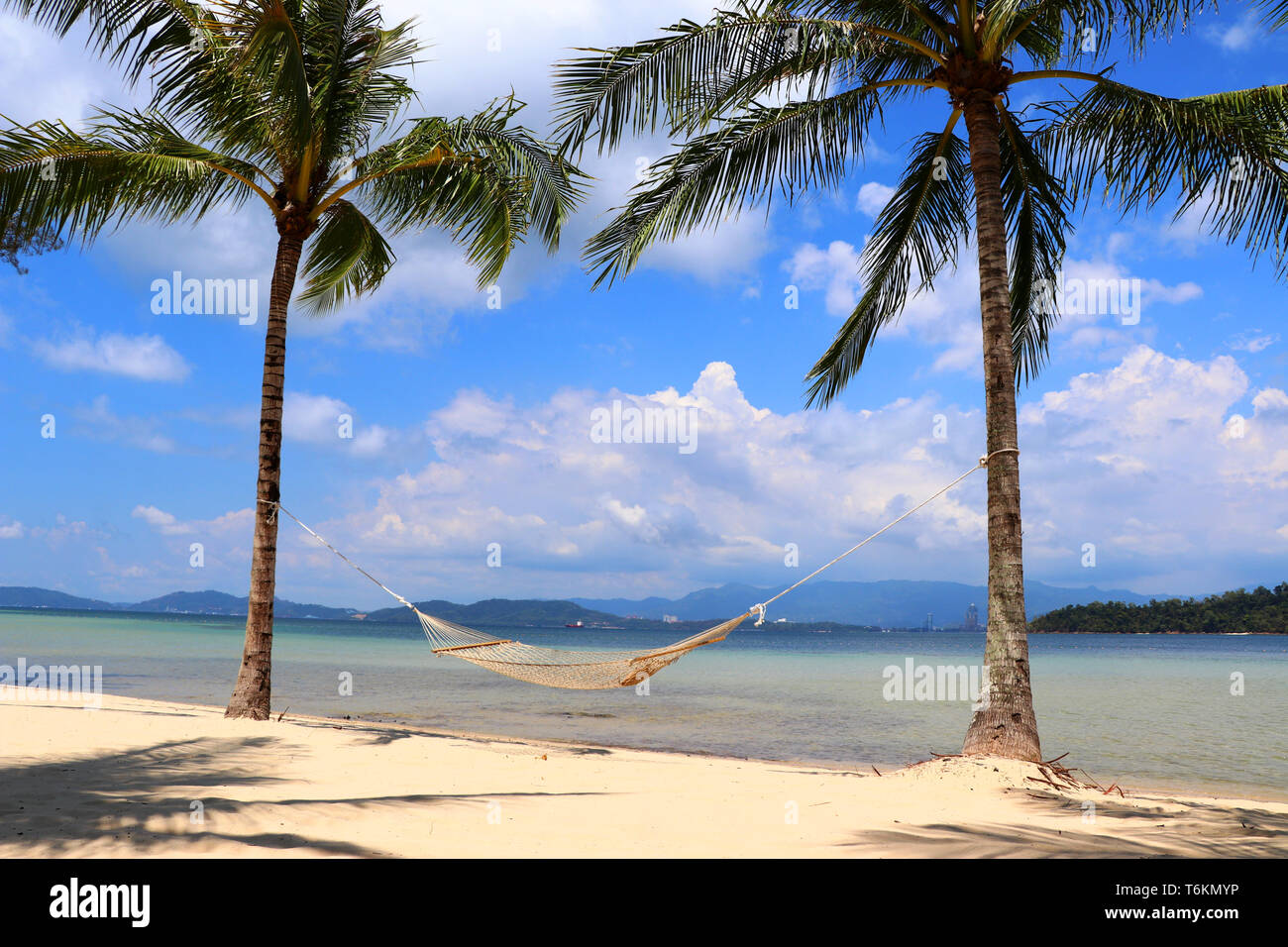 Two palm trees with a hammock on the beach - Gaya Island Malaysia Asia Stock Photo
