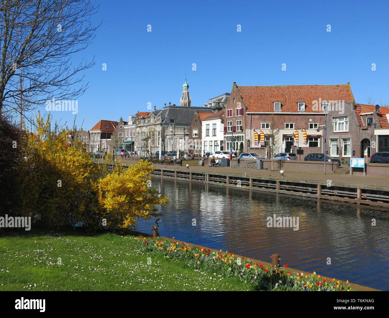 View of the tulips on the canal bank, looking over to the buildings on the other side in the centre of the town of Enkhuizen; April 2019 Stock Photo