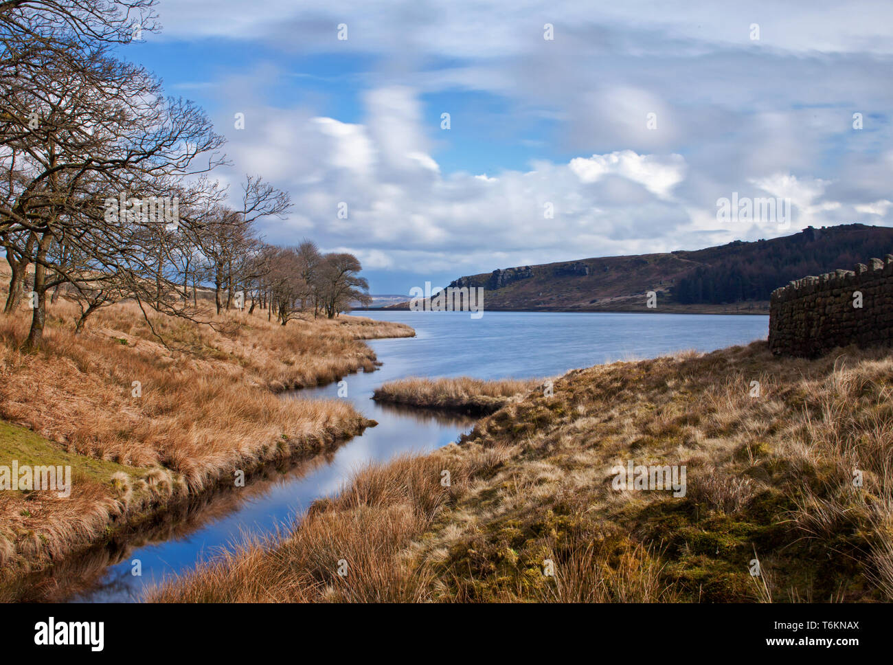 The mouth of the inlet and outlet stream at Widdop Reservioir, West Yorkshire in long exposure Stock Photo