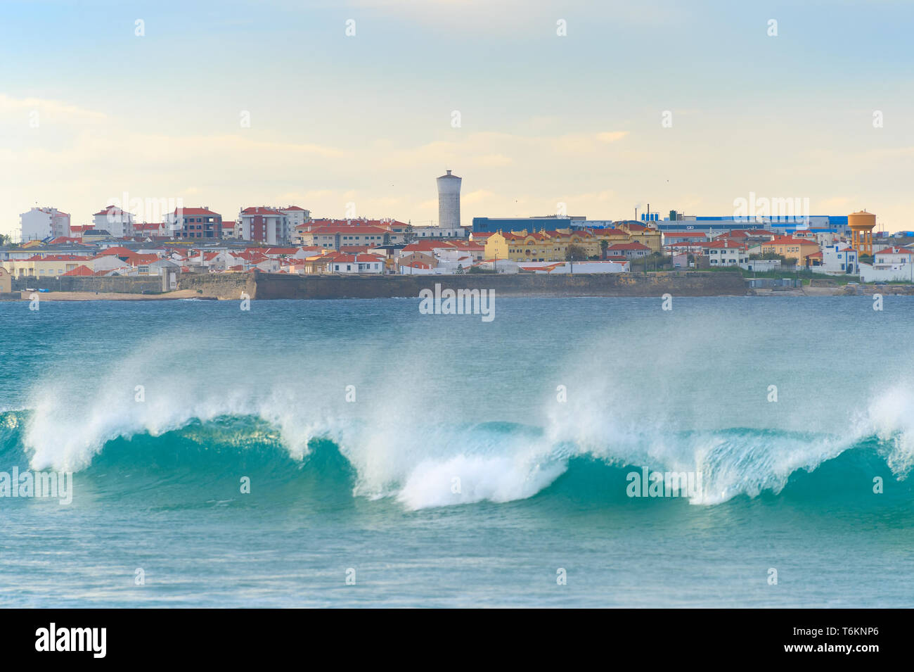 Cityscape of Peniche - coastal town in Portugal. Atlantic ocean in the foreground Stock Photo