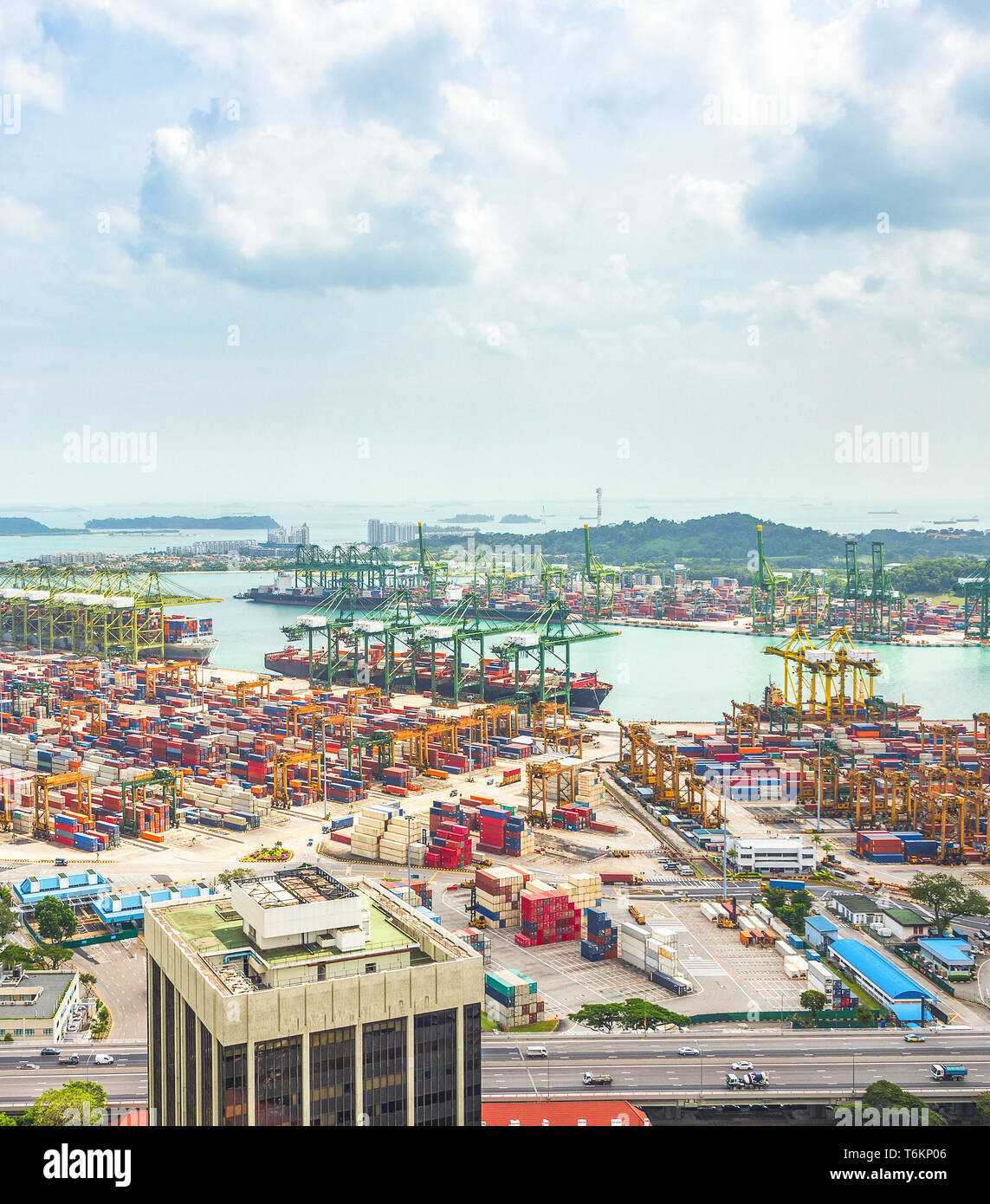 Aerial view of Singapore cargo shipping port, transportational