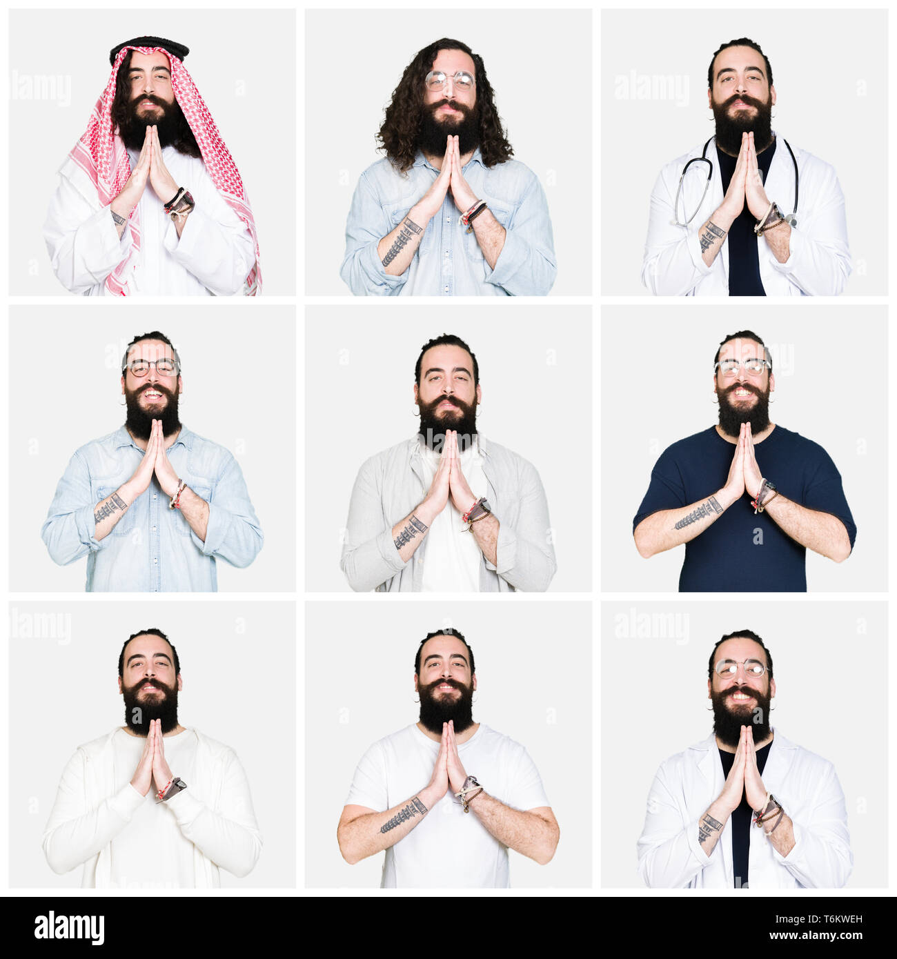Collage Of Young Man With Beard And Long Hair Over White Isolated
