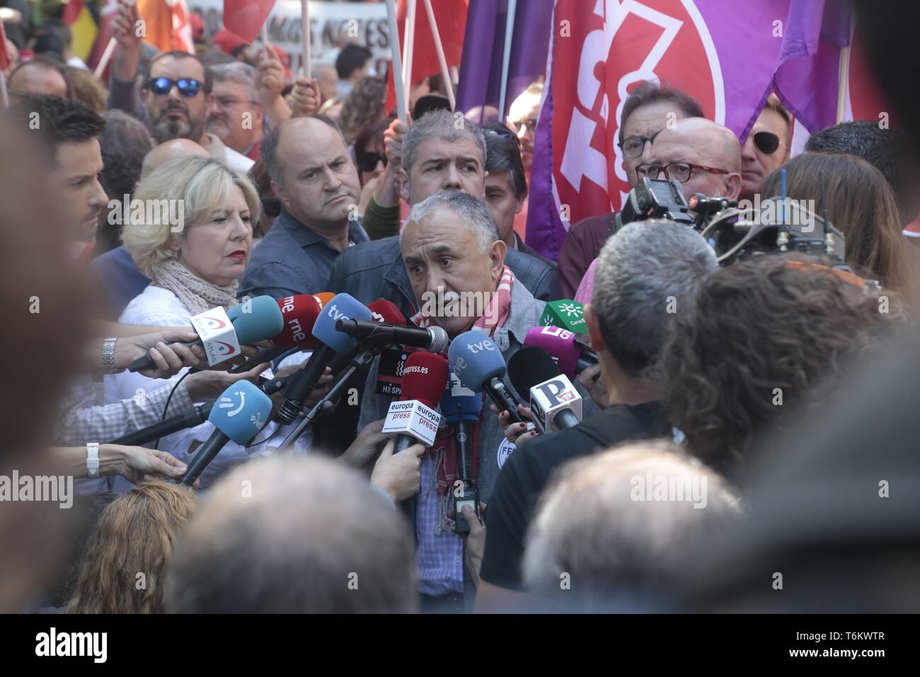 Pepe Álvarez, spokesman for the UGT union seen speaking to the media during the protest. Thousands of protesters demonstrate on the International Workers' Day convoked by the majority unions UGT and CCOO to demand policies and reductions in unemployment levels in Spain, against job insecurity and labour rights. Politicians of the PSOE and Podemos have participated in the demonstration. Stock Photo
