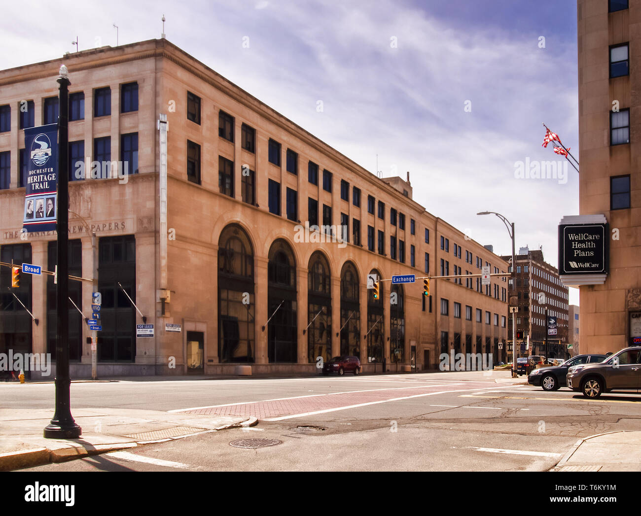 Rochester, New York, USA. April 25, 2019. The corner of Broad and ...
