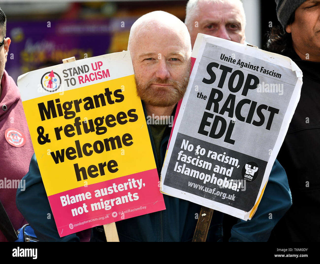 An anti racist protestor confronting The English Defence League. Picture by DAVID BAGNALL Stock Photo