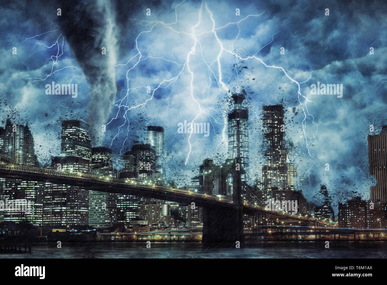 New York City and Brooklyn Bridge during the heavy storm, rain and