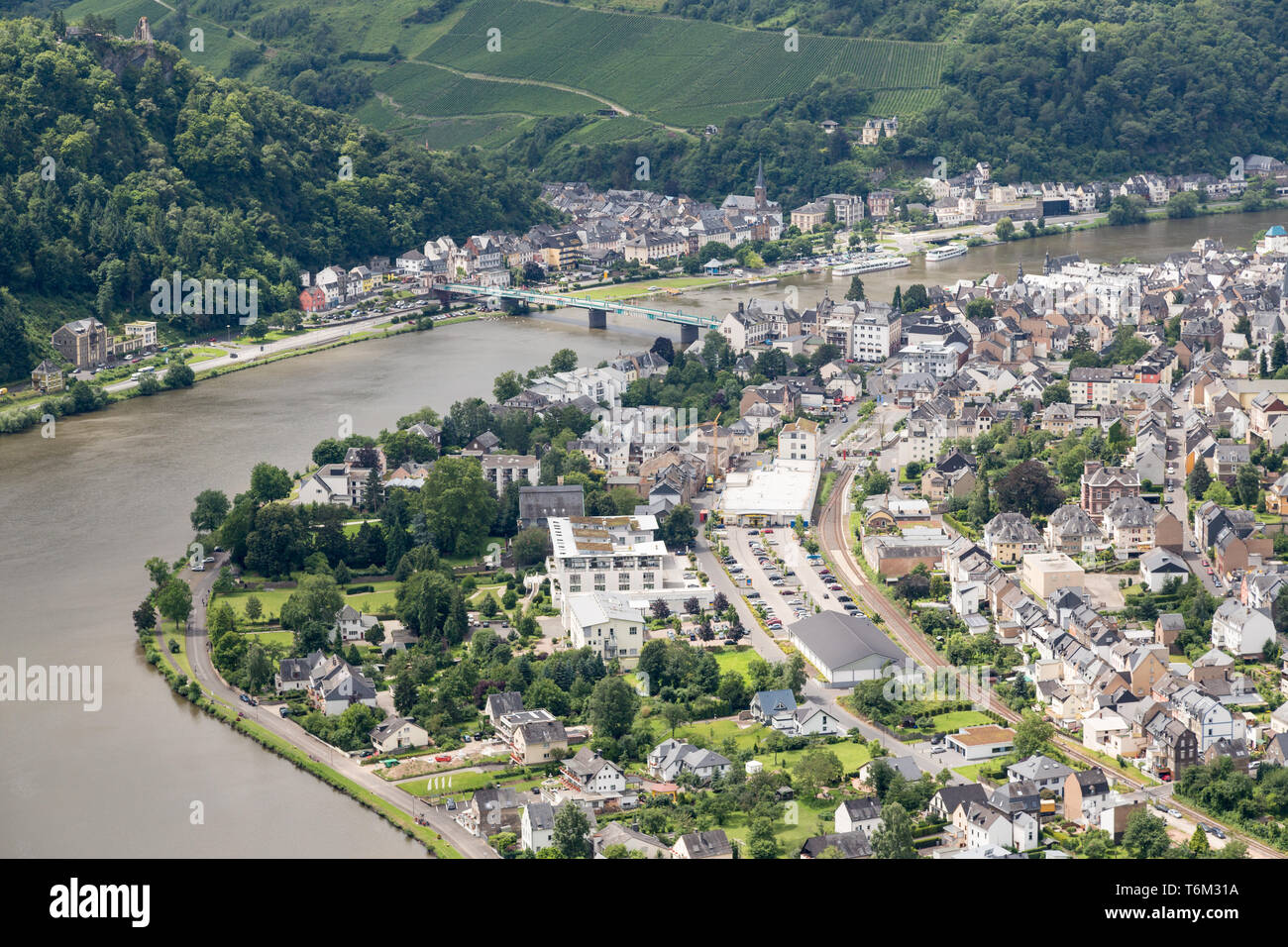 Aerial view of German city Traben Trarbach at river Moselle Stock Photo