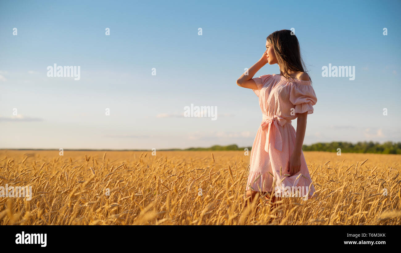 Young girl in wheat field at sunset Stock Photo - Alamy