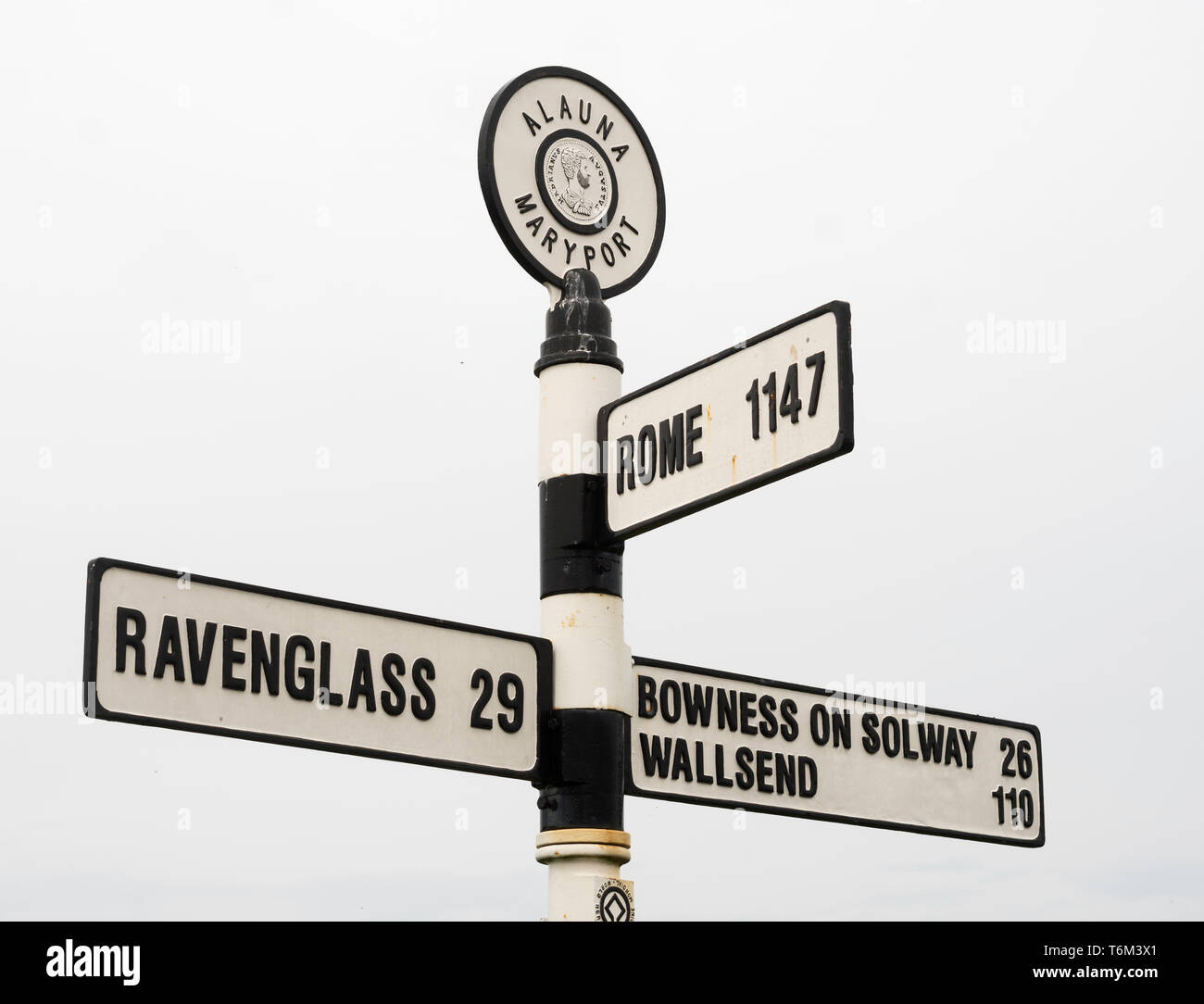 Signpost outside the Senhouse Roman fort museum in Maryport, Cumbria, England, UK Stock Photo