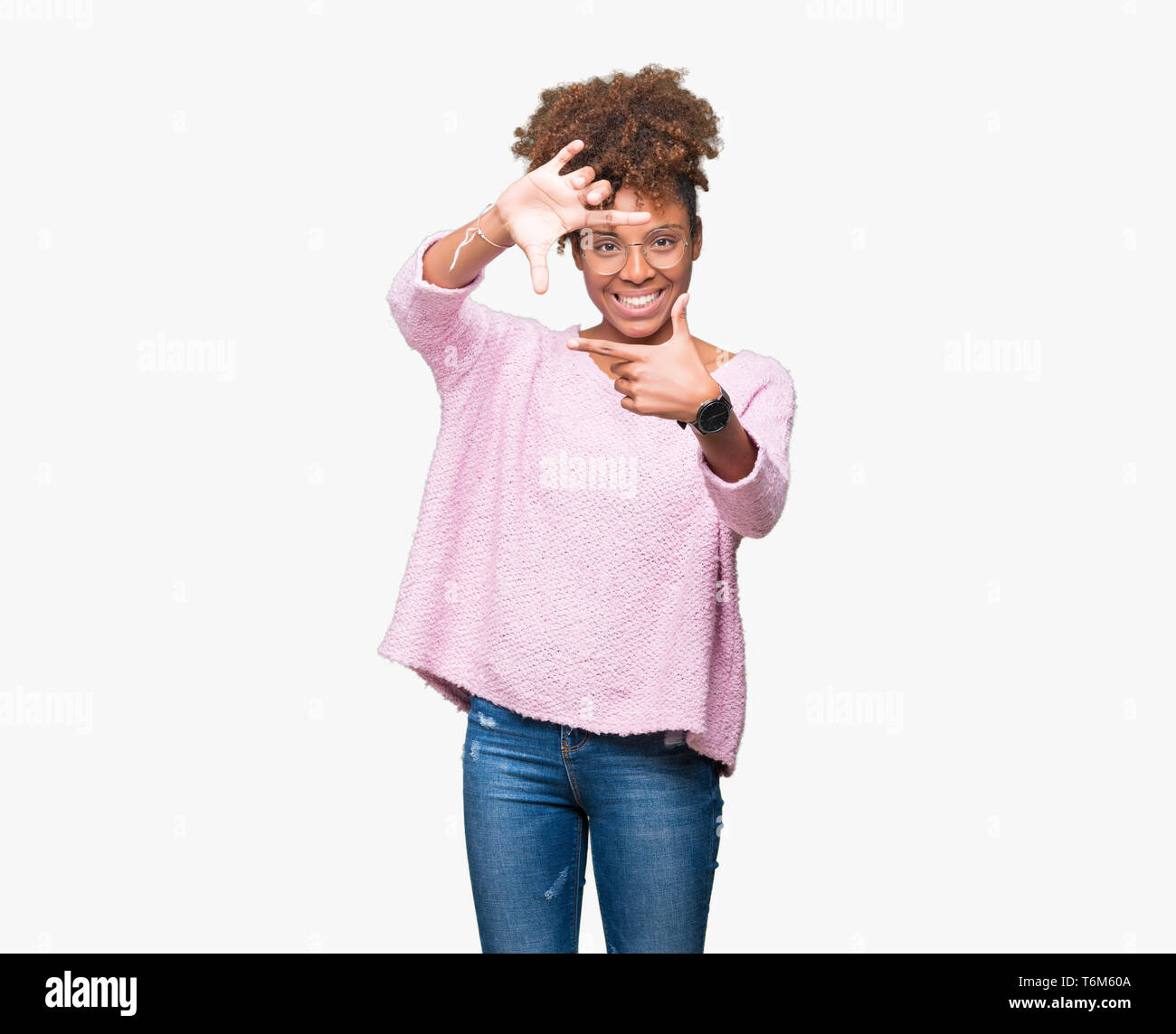 Beautiful young african american woman wearing glasses over isolated ...