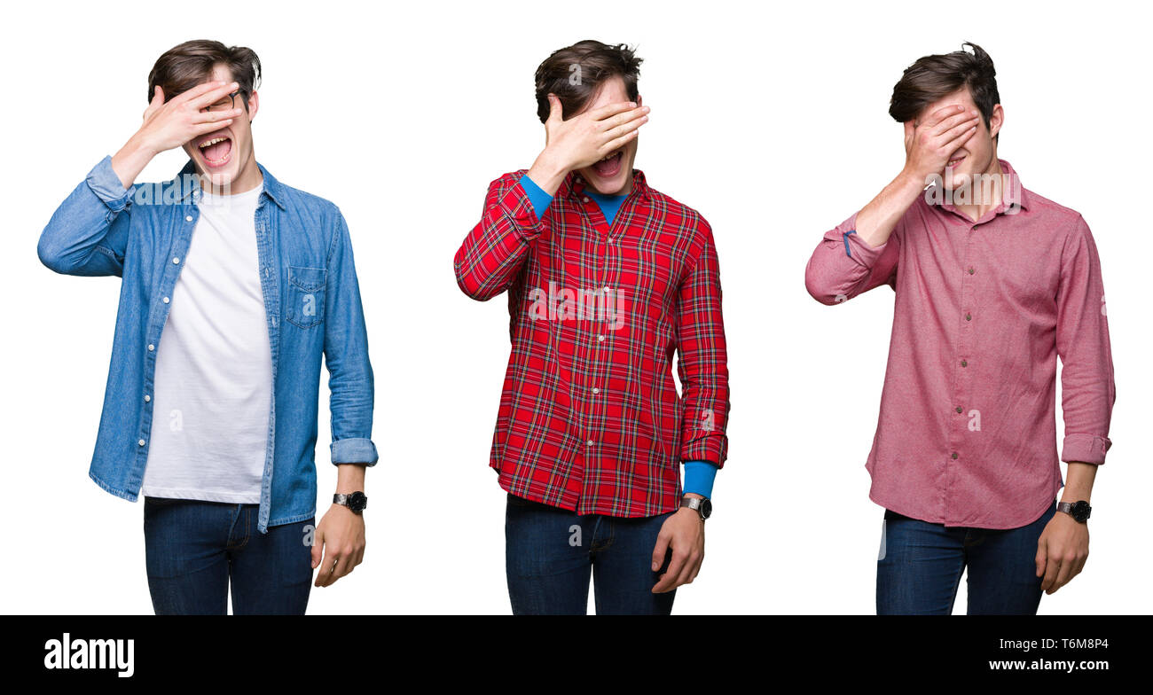 Collage of young man over white isolated background smiling and ...
