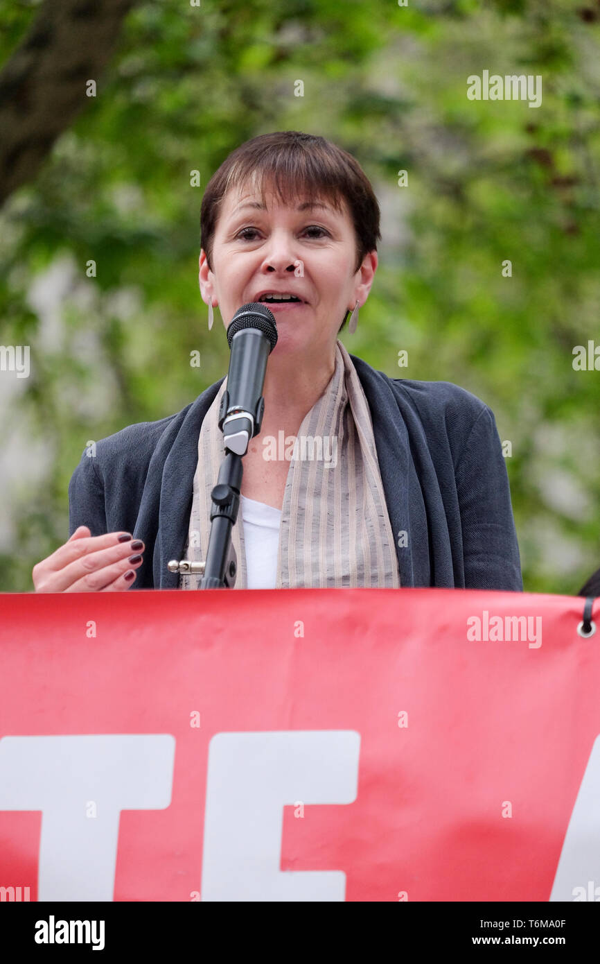 Green Party Leader, Caroline Lucas addresses rally as MPs endorse a motion to declare a formal climate emergency Stock Photo