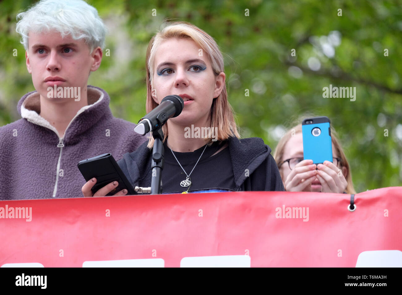 Anna Taylor, UK student climate network, addresses  rally as MPs endorse a motion to declare a formal climate emergency Stock Photo