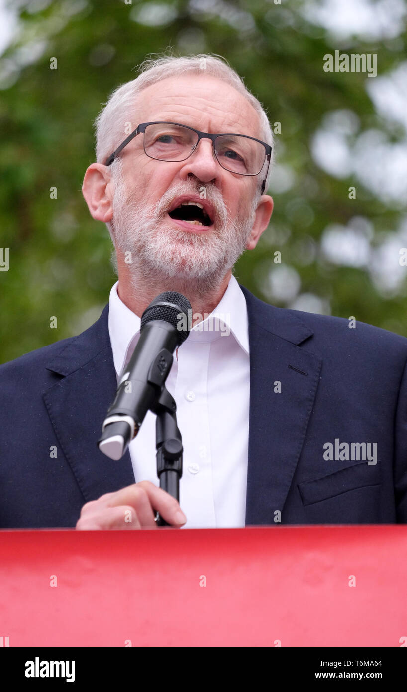 Labour leader Jeremy Corbyn addresses rally after Members of Parliament endorsed a Labour motion to declare a formal climate emergency on 1st May 2019 Stock Photo