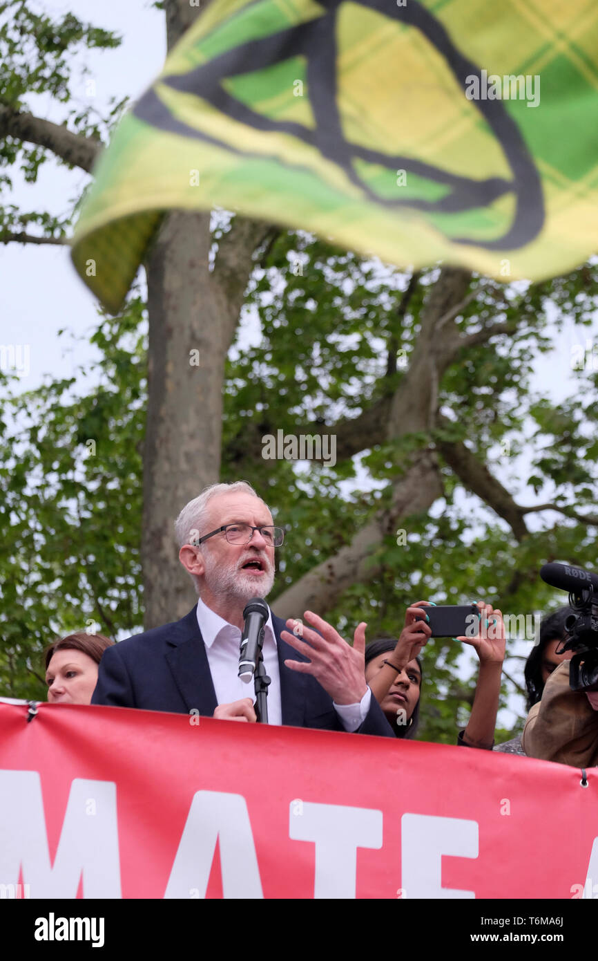Labour leader Jeremy Corbyn addresses rally after Members of Parliament endorsed a Labour motion to declare a formal climate emergency on 1st May 2019 Stock Photo