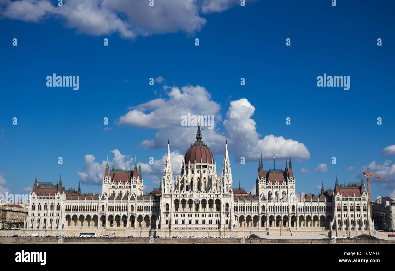 Hungarian Parliament building central perspective across danube river. Stock Photo