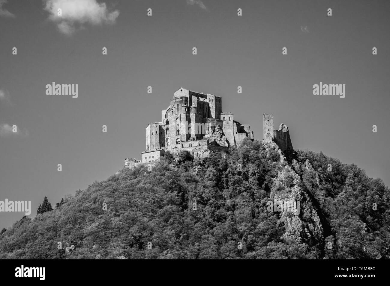 view of sacra san michele in susa valley, piedmont, italy in black and white. view of sacra di san michele, susa valley, piedmont, italy. a medieval h Stock Photo