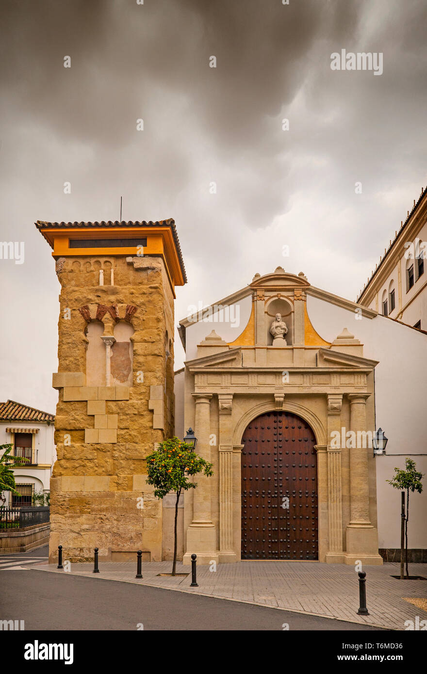9th century Moorish minaret of San Juan  next to church, built by Knights of the Order of Saint John of Jerusalem Córdoba, Spain. Stock Photo