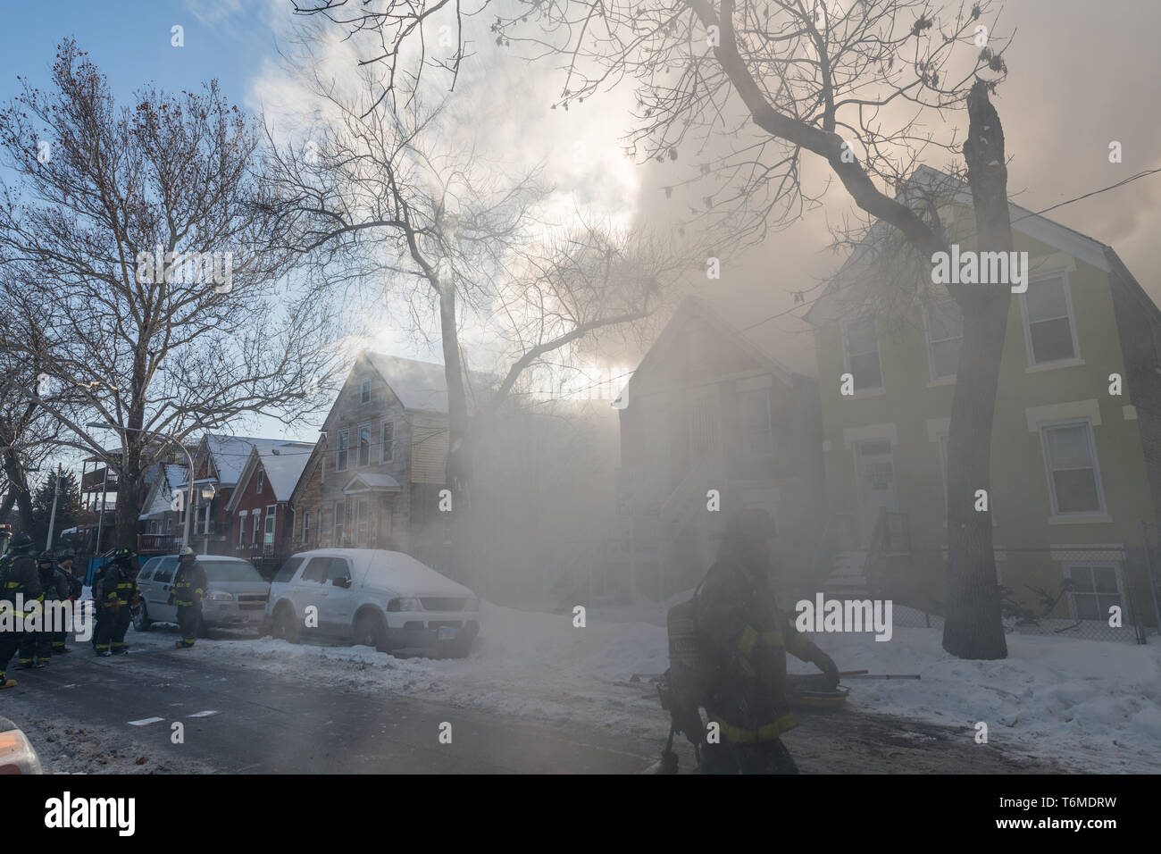 Chicago Fire Department responding to a house fire in the Little Village neighborhood, January 30, 2019. Stock Photo