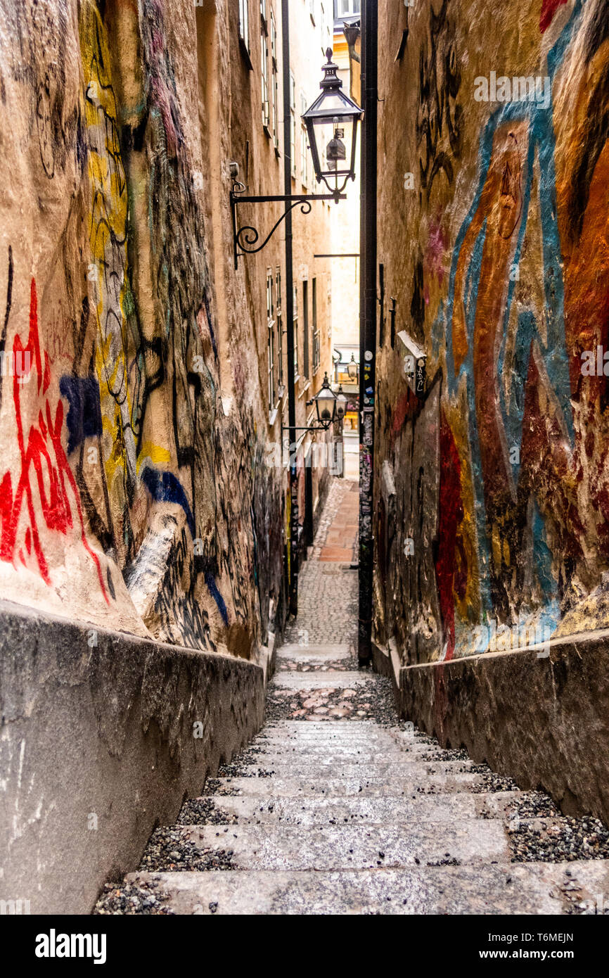 Mårten Trotzigs gränd, the narrowest street (down to 90cm wide) in the Swedish capital Stockholm. Located in the Old Town (Stadsholmen, Gamla Stan) Stock Photo