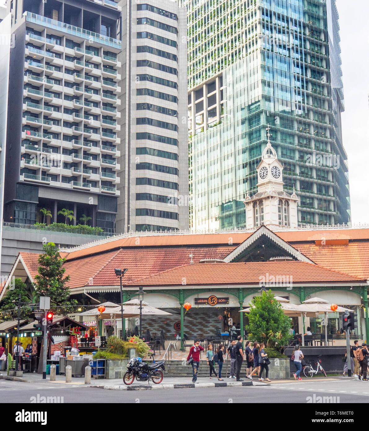 Clock tower on top of Lau Pat Sat  Hawker food markets in downtown Singapore. Stock Photo