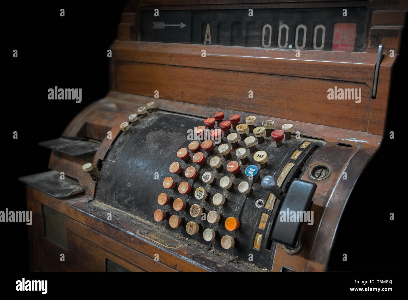 Antique cash register made of wood, Low key Stock Photo Alamy