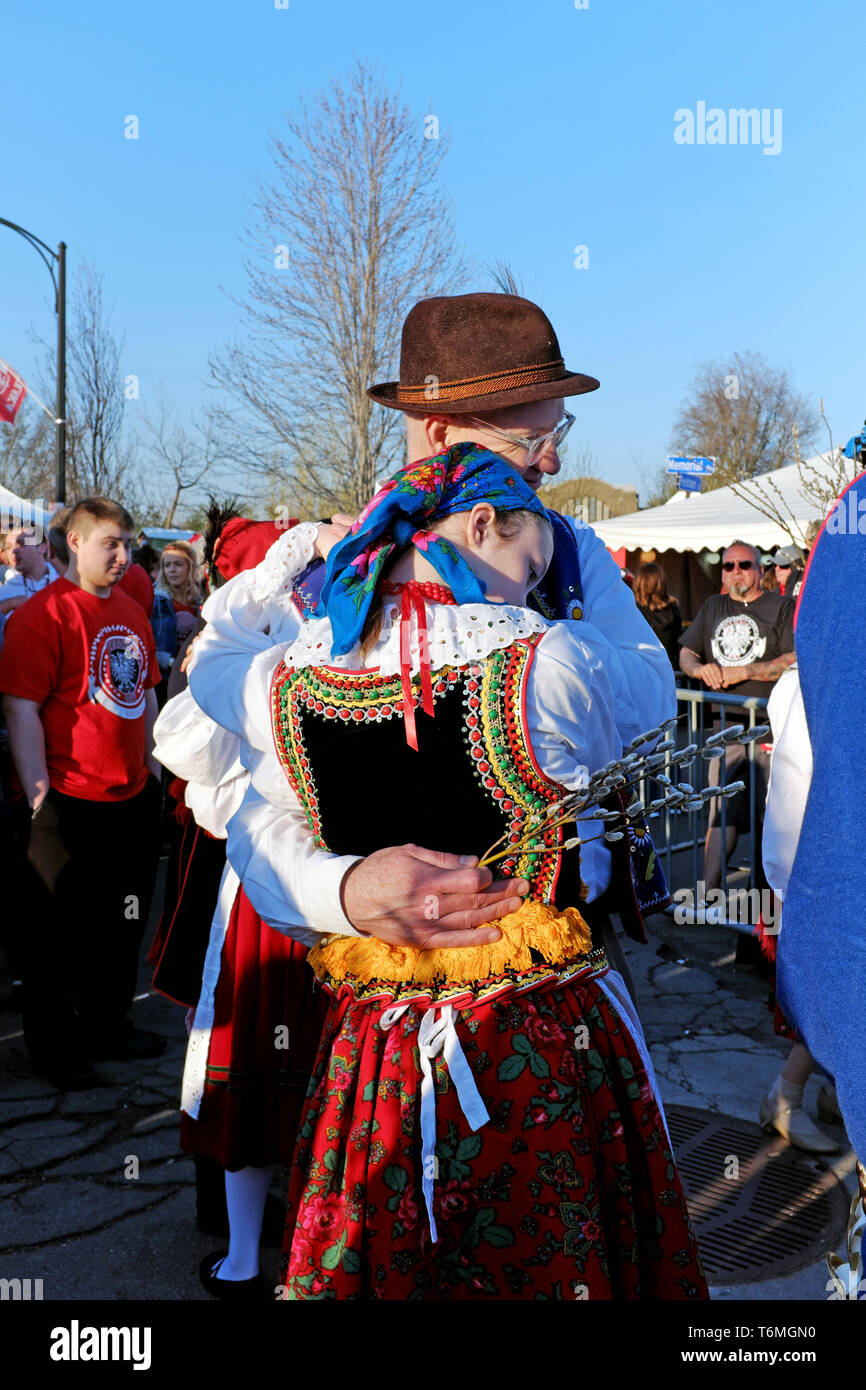 Couple in traditional Polish clothing dance during the 2019 Dyngus Day celebration in Buffalo, New York, USA. Stock Photo