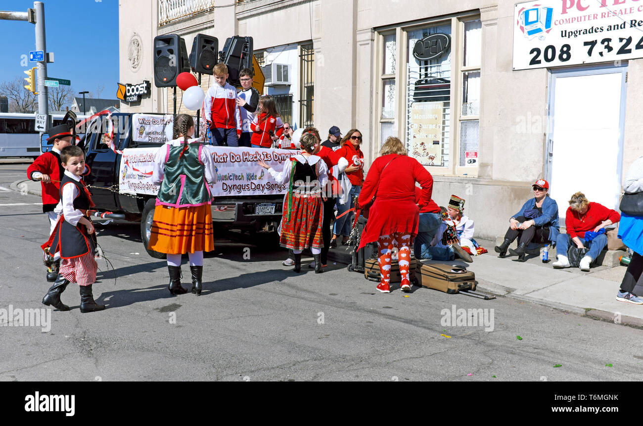 People prepare to participate in the 2019 Dyngus Day Parade in the historic Polonia District in Buffalo, New York, USA. Stock Photo