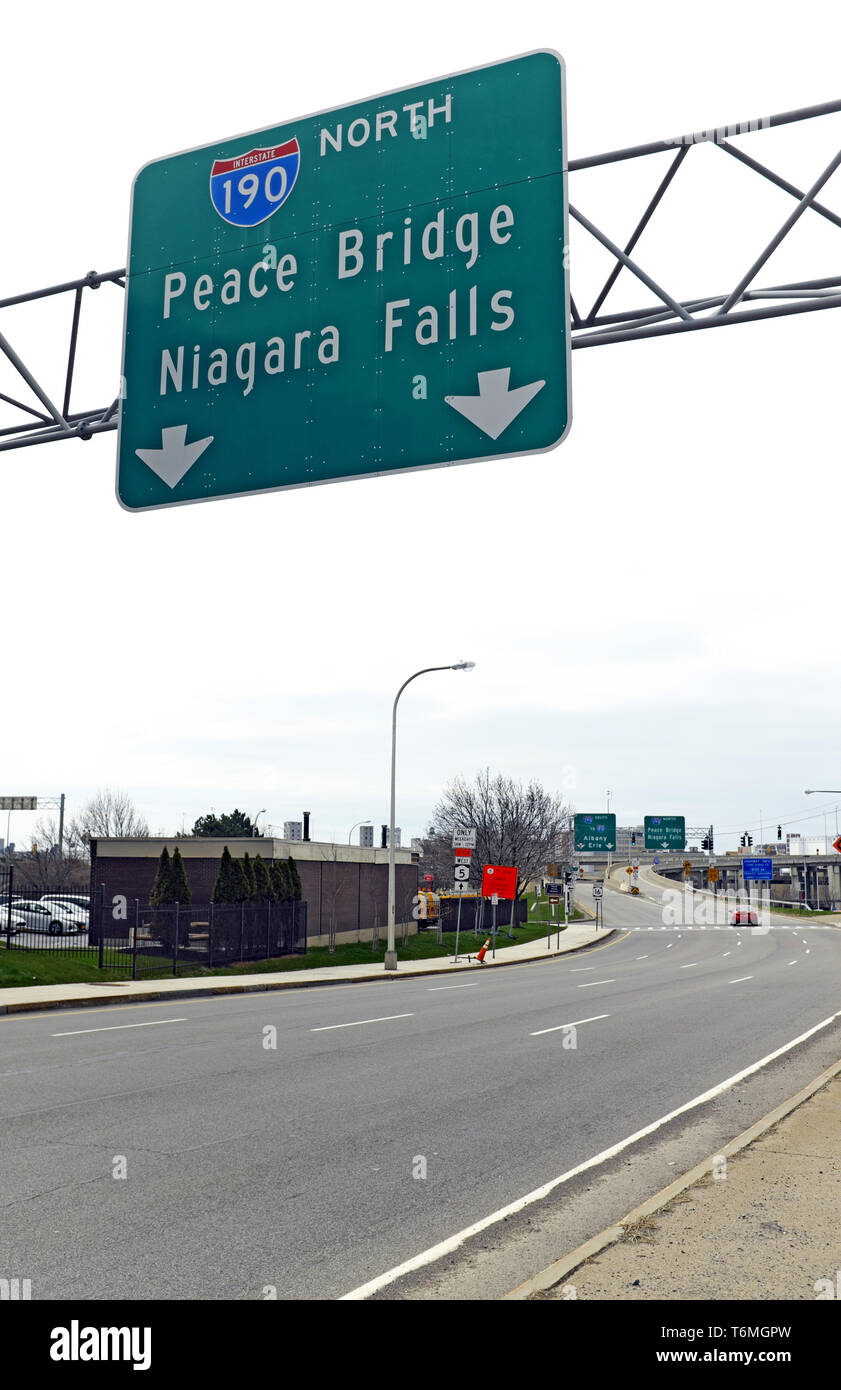 Peace Bridge Niagara Falls 190 North highway sign leading from Buffalo, New York into Ontario, Canada. Stock Photo