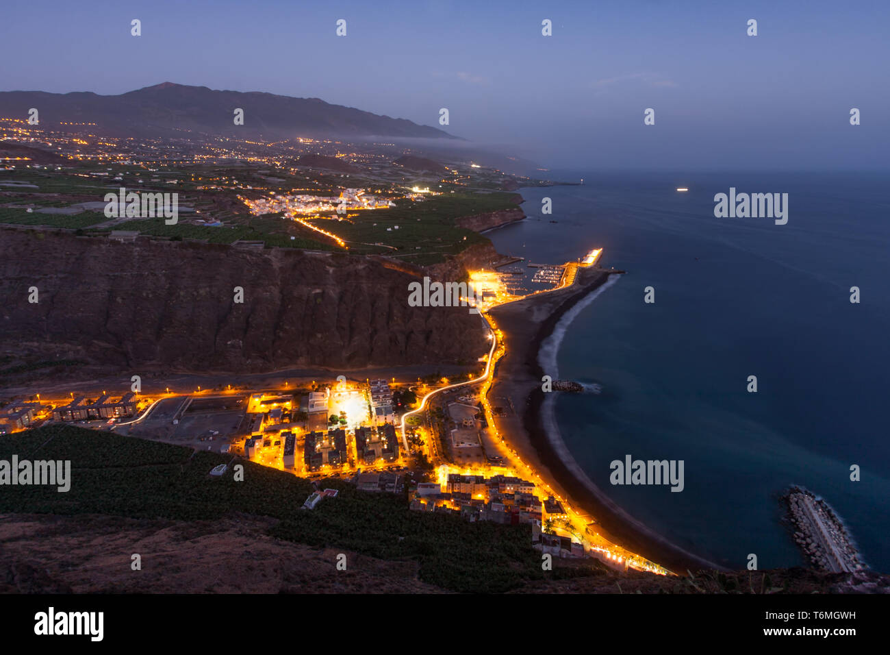 Aerial night view of Tazacorte at Canary Island La Palma Stock Photo