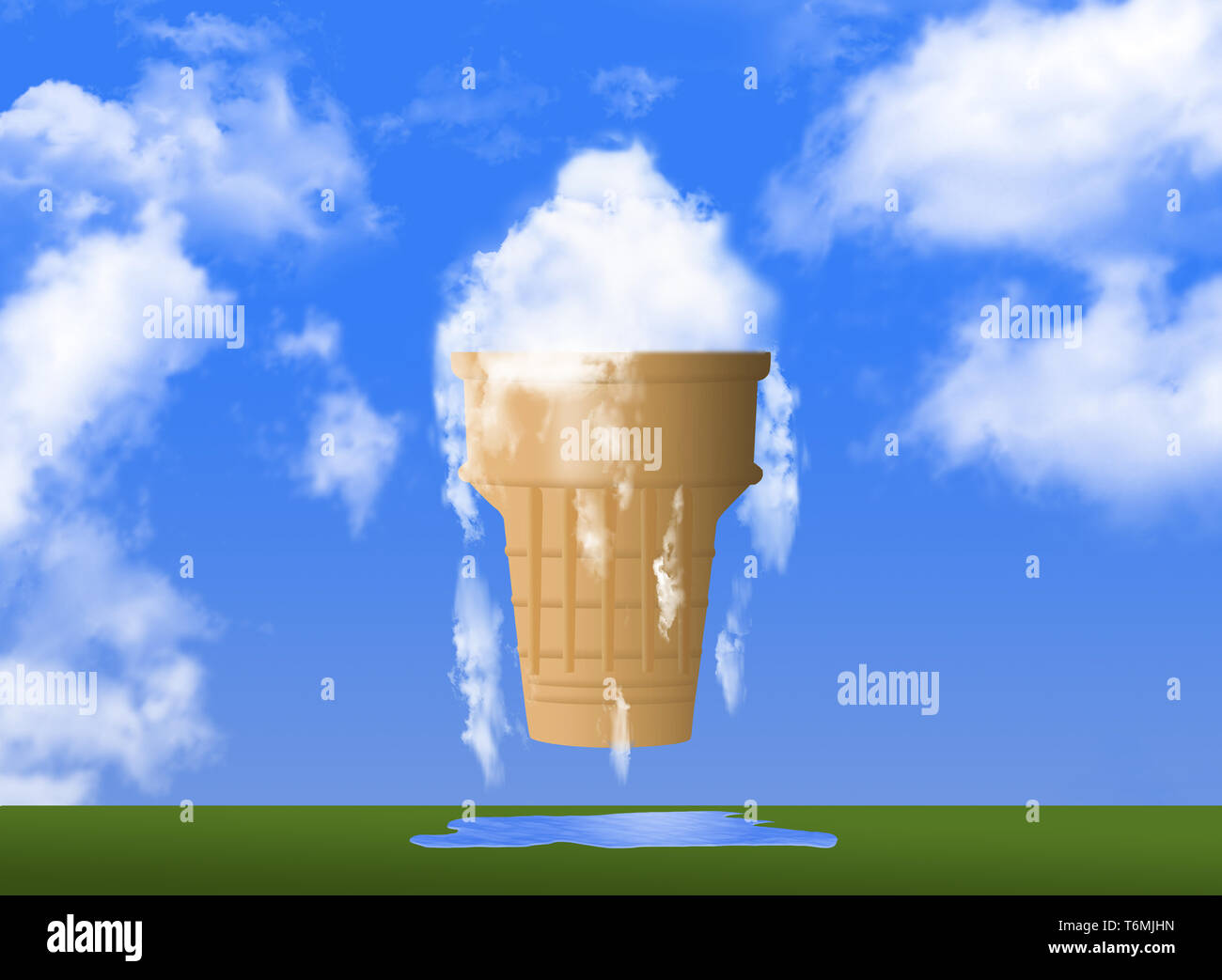 Global warming is represent with clouds melting from a cone like ice cream Stock Photo