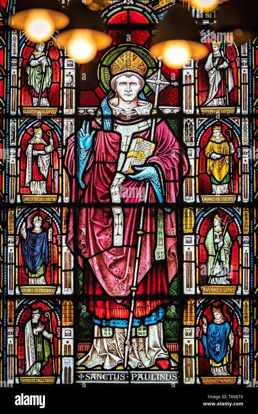 Stained glass church window portrait of Sanctus Paulinus Stock Photo