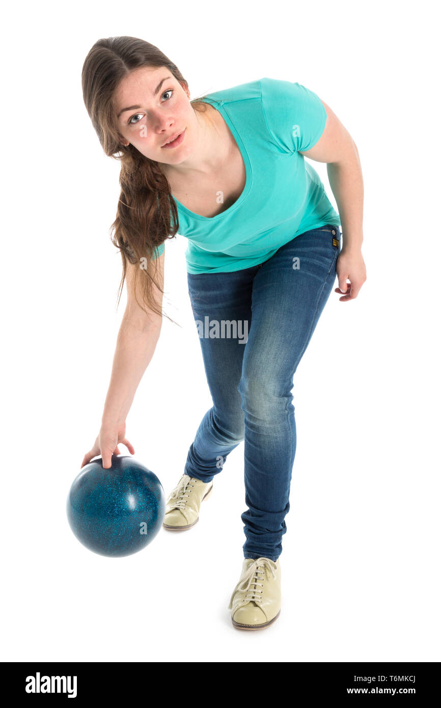 Woman throwing a bowling ball Stock Photo Alamy