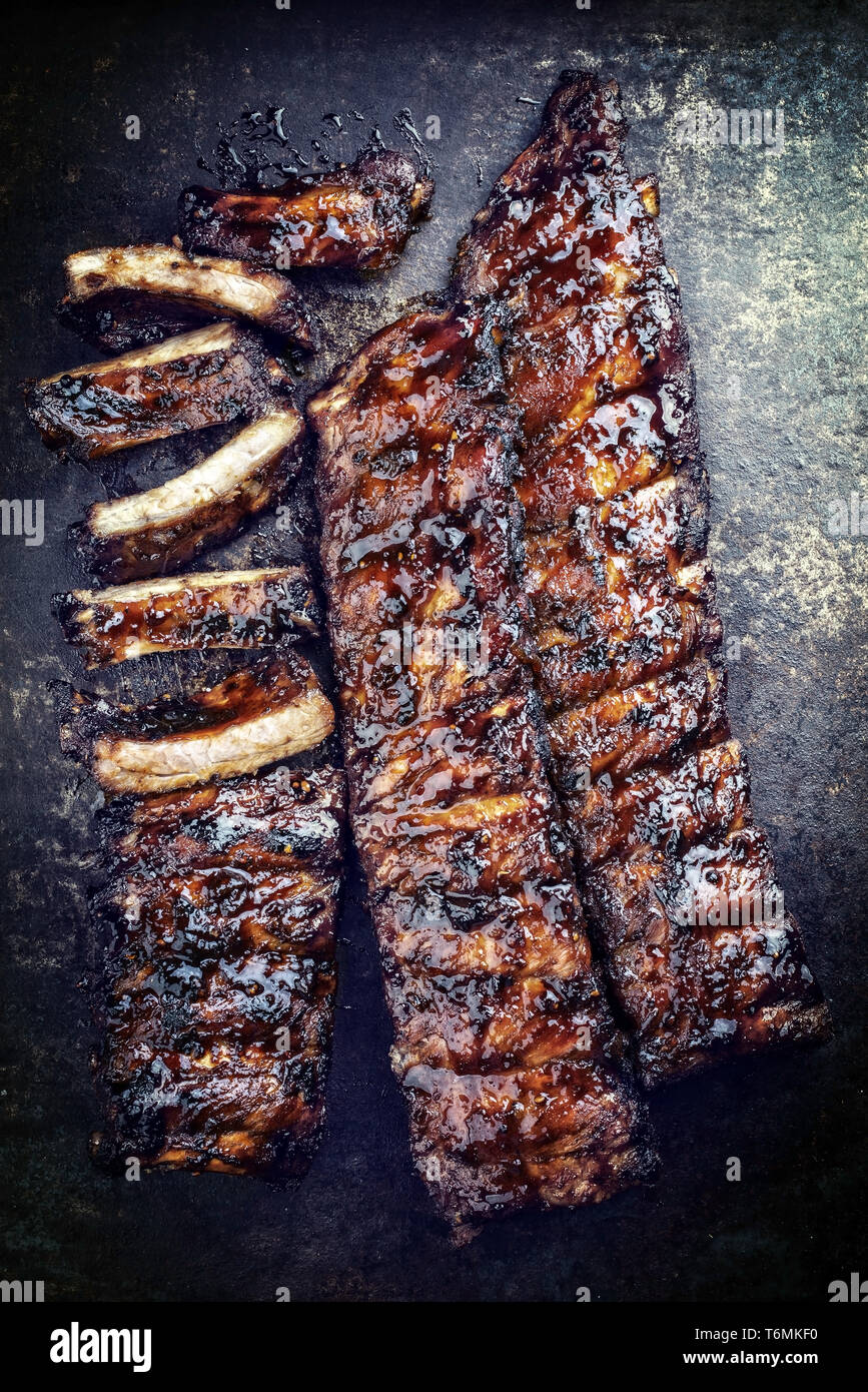 Barbecue spare ribs St Louis cut with hot honey chili marinade as top ...