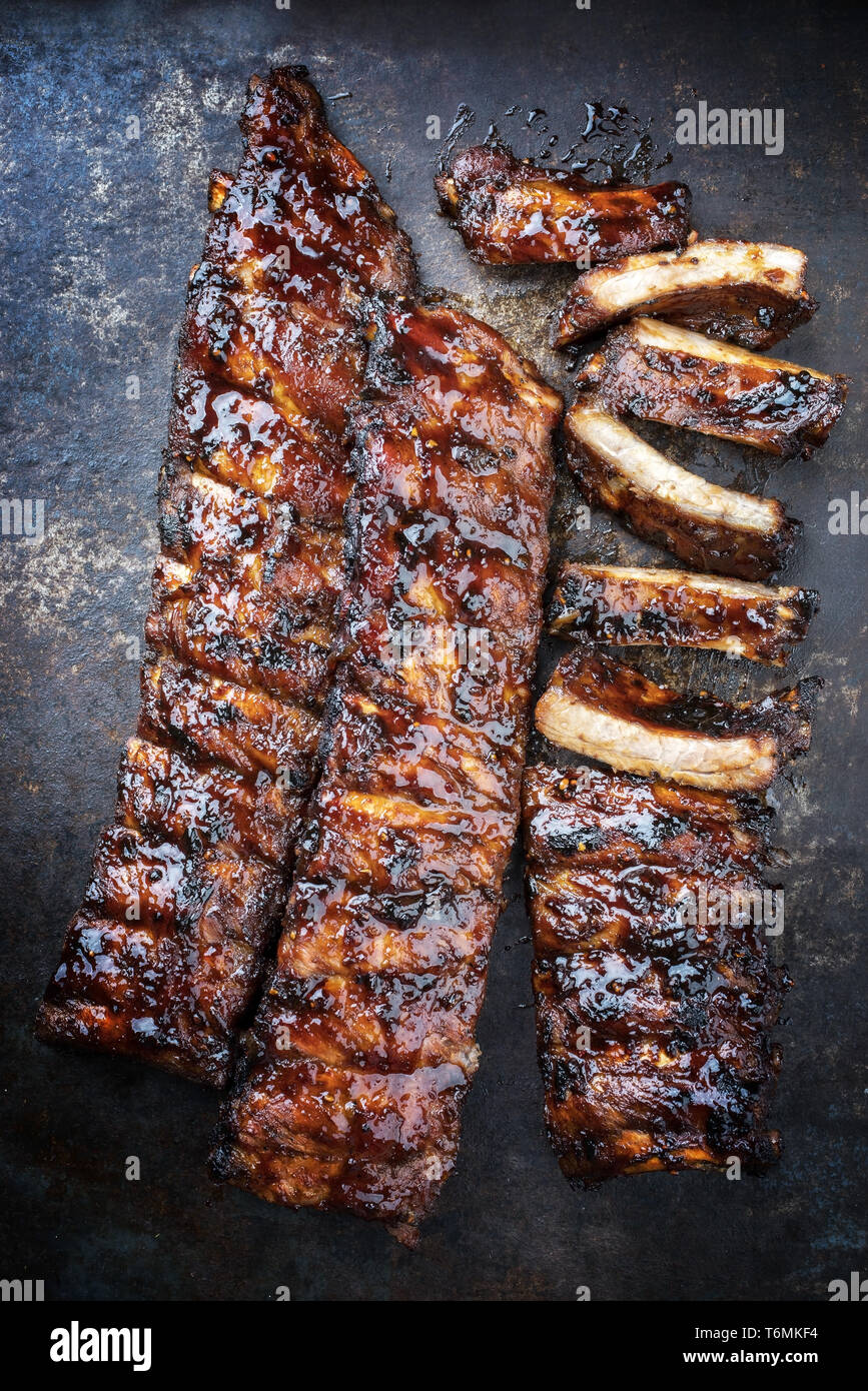 Barbecue spare ribs St Louis cut with hot honey chili marinade as top ...