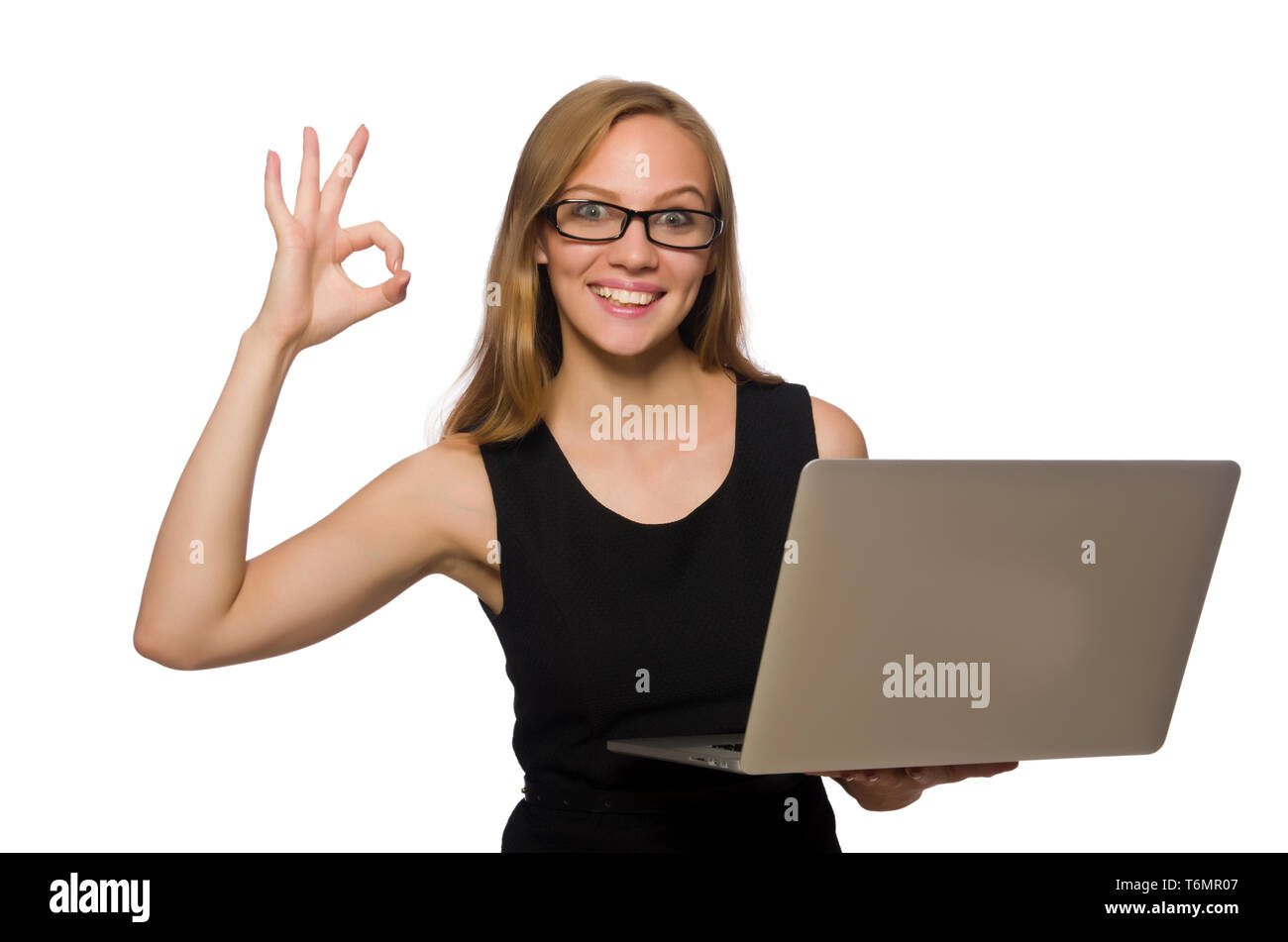 Woman with laptop isolated on white Stock Photo - Alamy