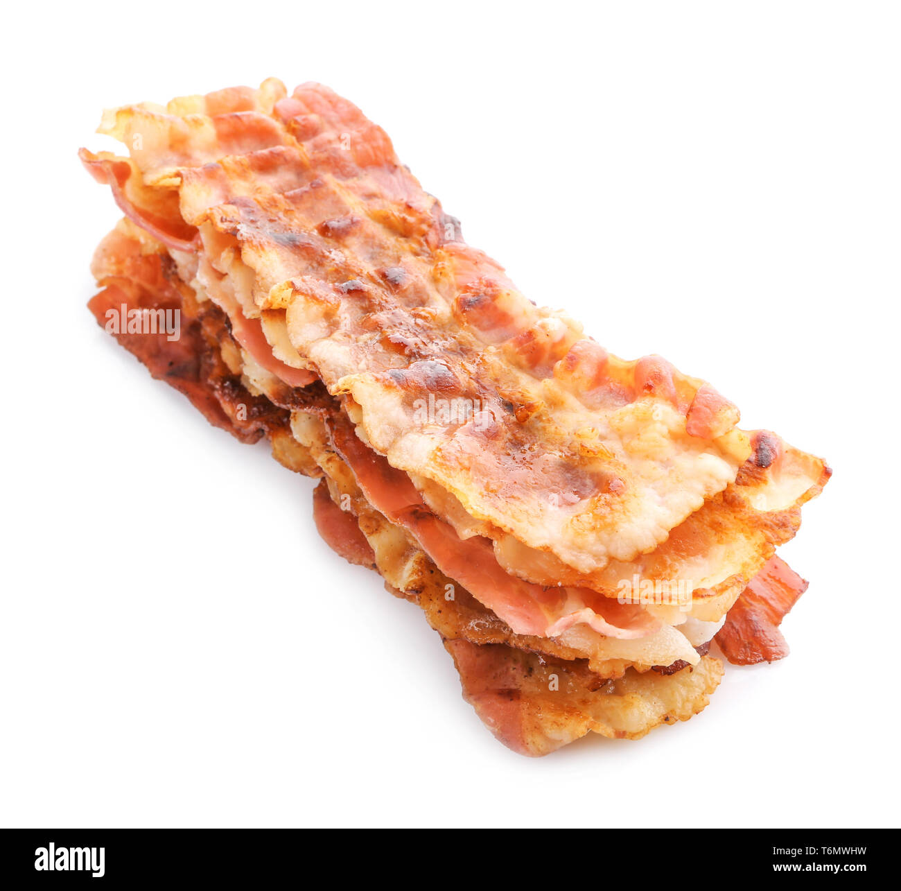 Fried bacon rashers on white background Stock Photo - Alamy