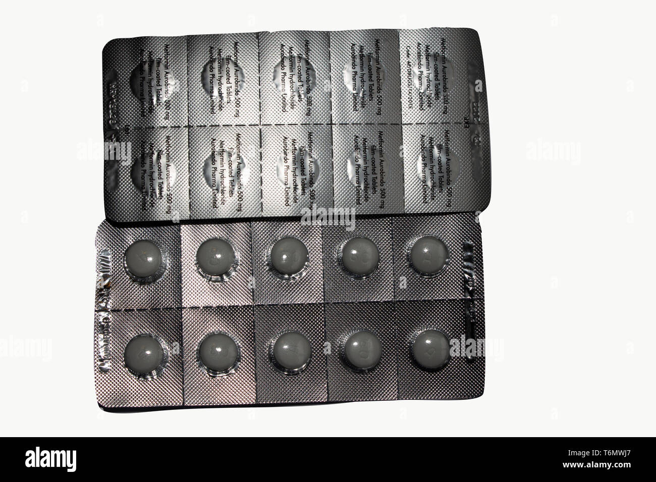 Tablet blister packets of 60mg doses each of Metaformin a popular Diabetes drug treatment isolated against a white background. Stock Photo