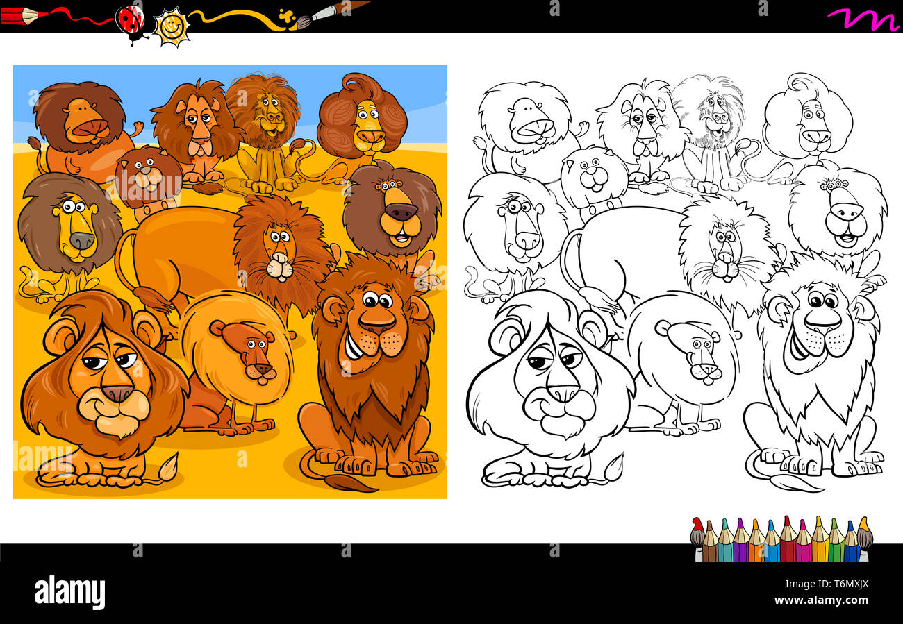 lions animal characters group coloring book Stock Photo - Alamy