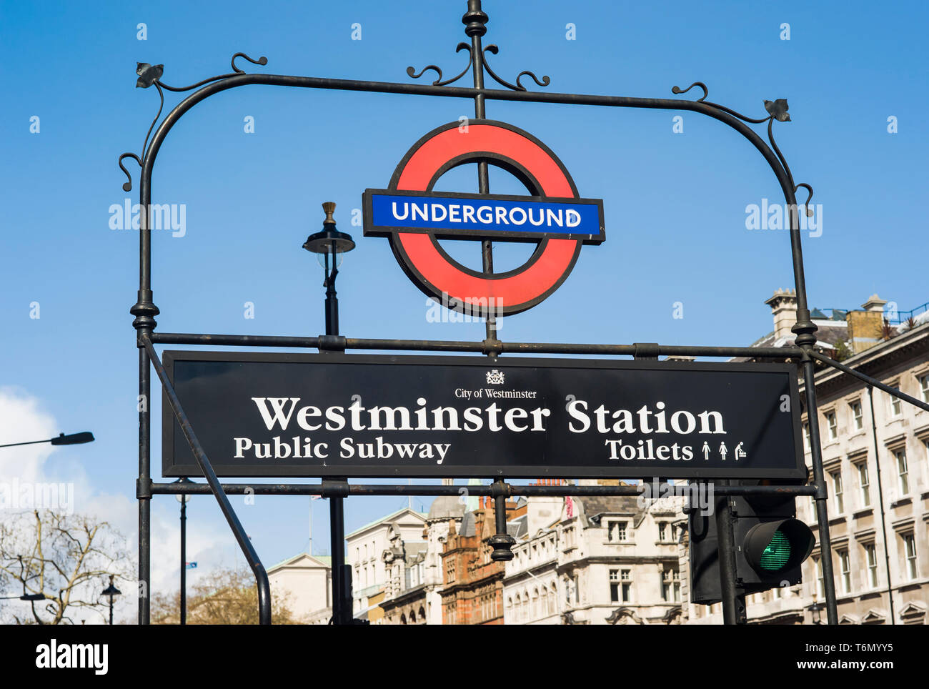 The London Underground sign for Westminster Station in London, England. Stock Photo