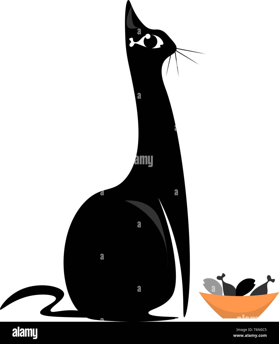 A tall black cat waiting to eat a bowl of fishes which is its favorite vector color drawing or illustration Stock Vector