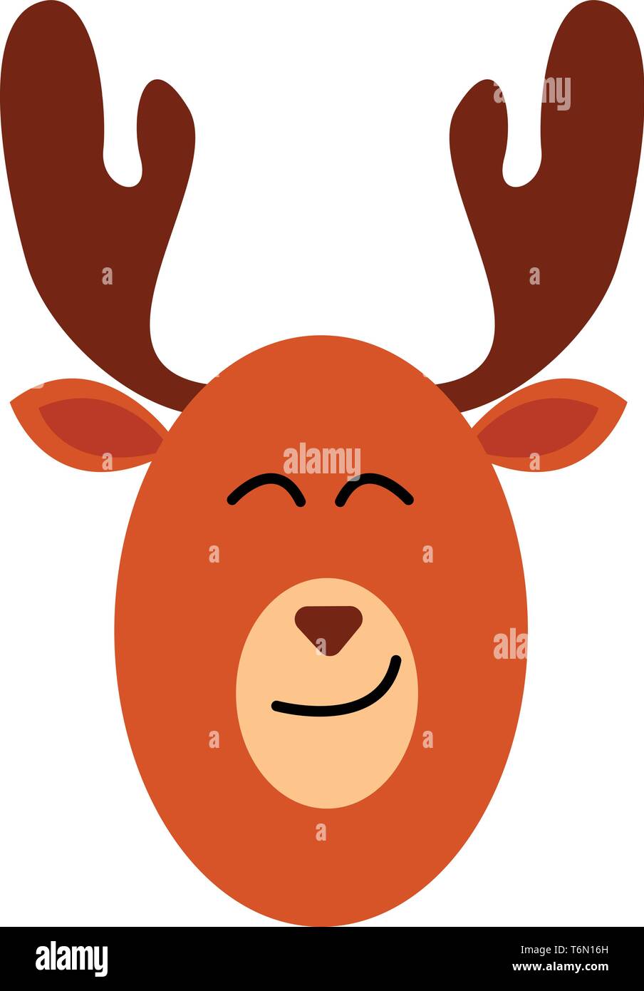 Emoji of a moose in brown color with palmate antlers  round-shaped face  inverted triangle-like nose  oval-shaped ears with eyes closed is smiling  ve Stock Vector