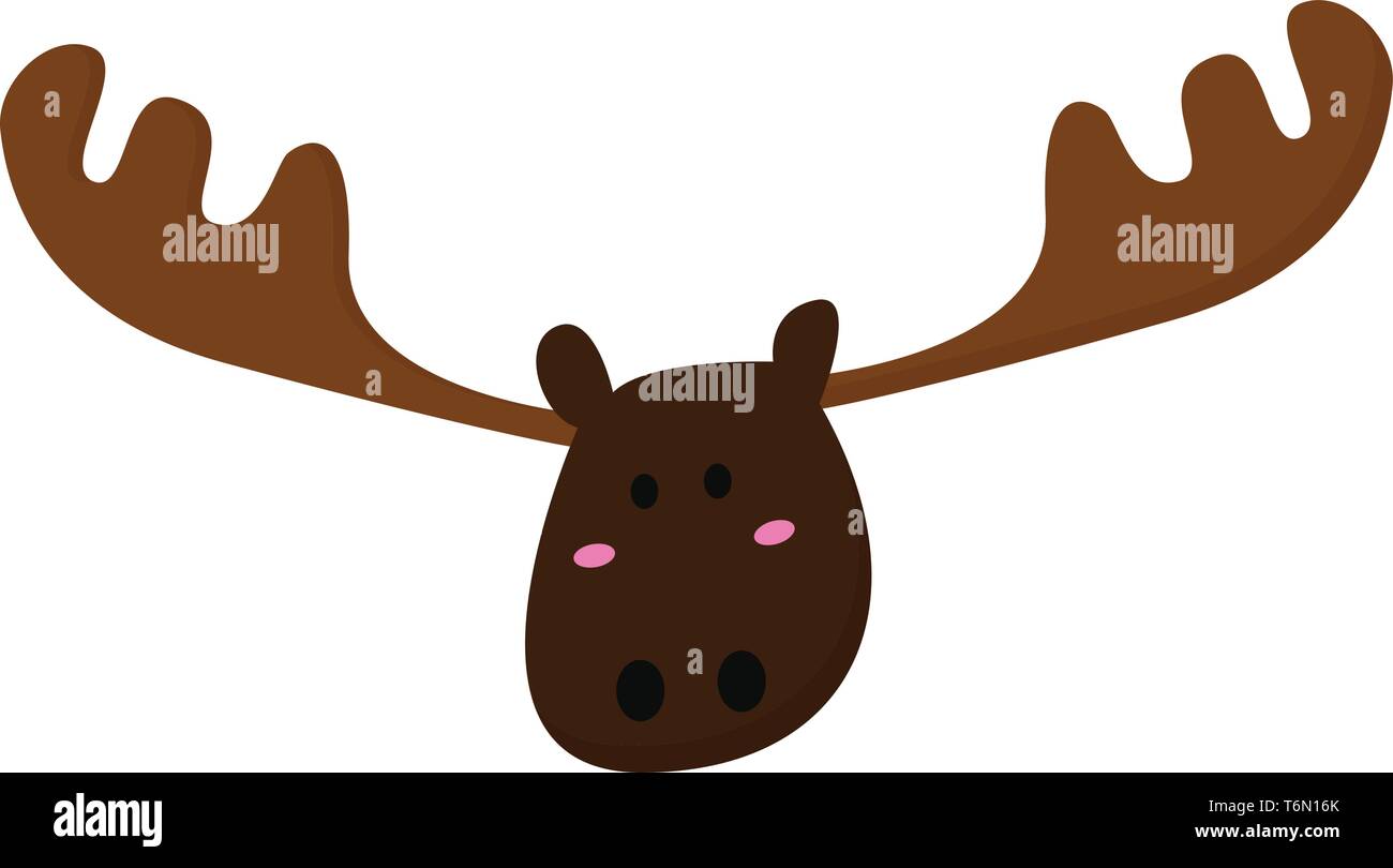 Emoji of a moose in brown color with two pink eyes  palmate antlers  round-shaped face  two spheres as its nose  and oval-shaped ears  vector  color d Stock Vector