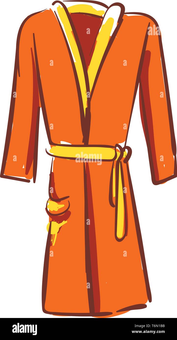 A showcase orange-colored bathrobe with the yellow belt loop at waist sides  contrast paneled piping and stitched detailing over the white background  Stock Vector