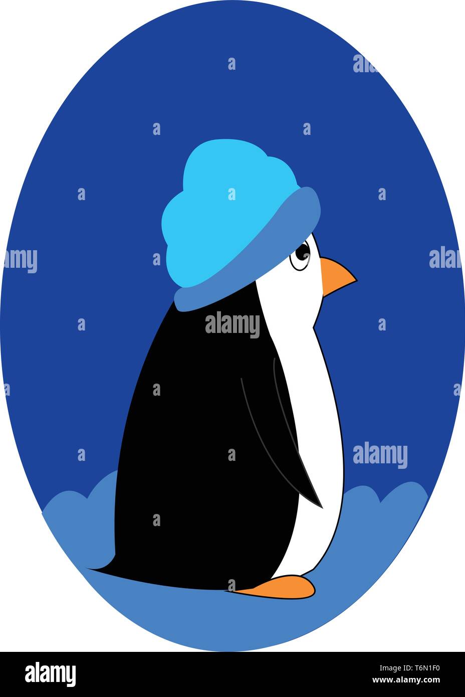 A penguin in a blue hat with black upperparts and white underparts and wings  beak and feet both in orange color  eyes rolled up  looks happy  vector  Stock Vector